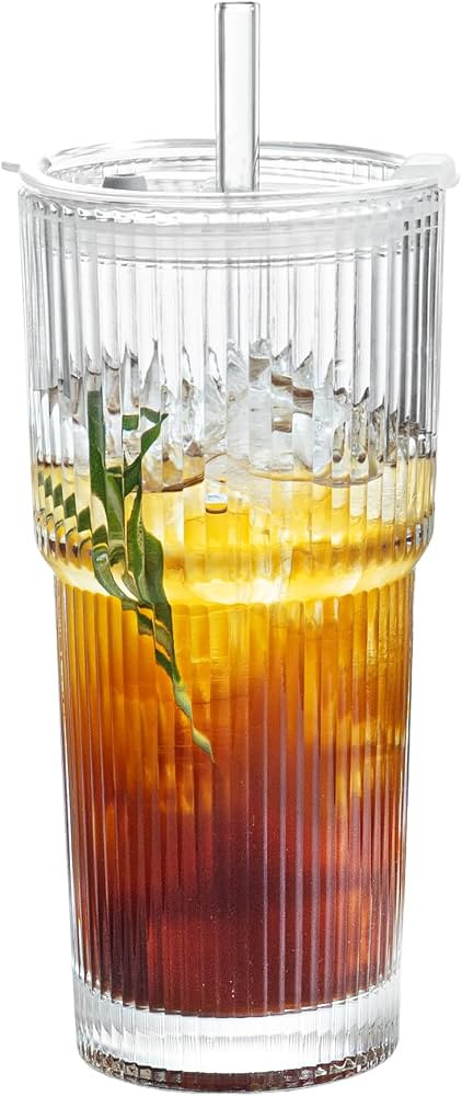 Puraville 20oz Glass Cup with Lid and Straw, Vintage Ribbed Glassware for Whiskey Cocktail Beer, ... | Amazon (US)