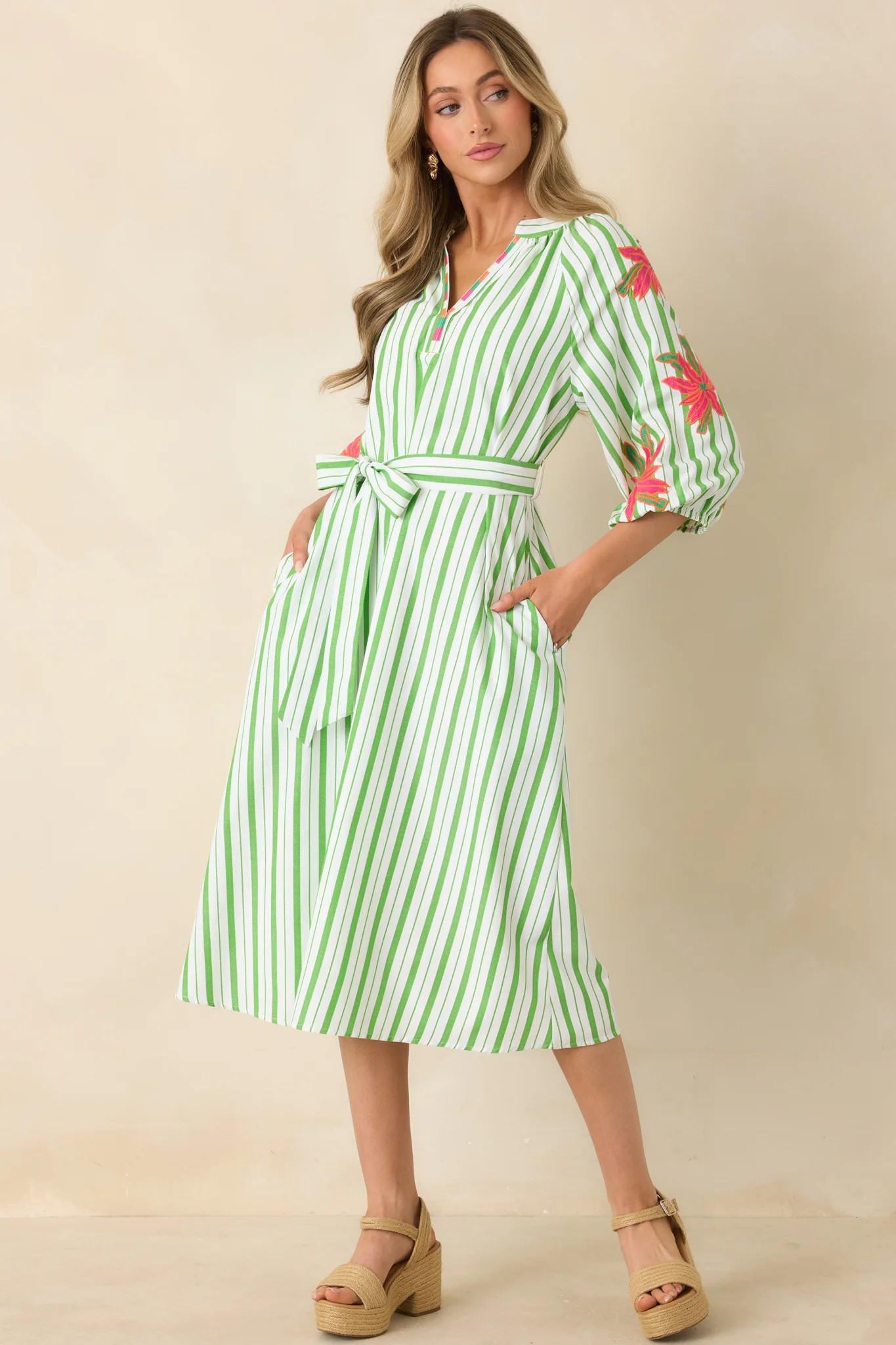 Having a Bright Outlook Green Stripe Floral Midi Dress | Red Dress