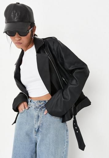 Missguided - Black Faux Leather Belted Biker Jacket | Missguided (US & CA)