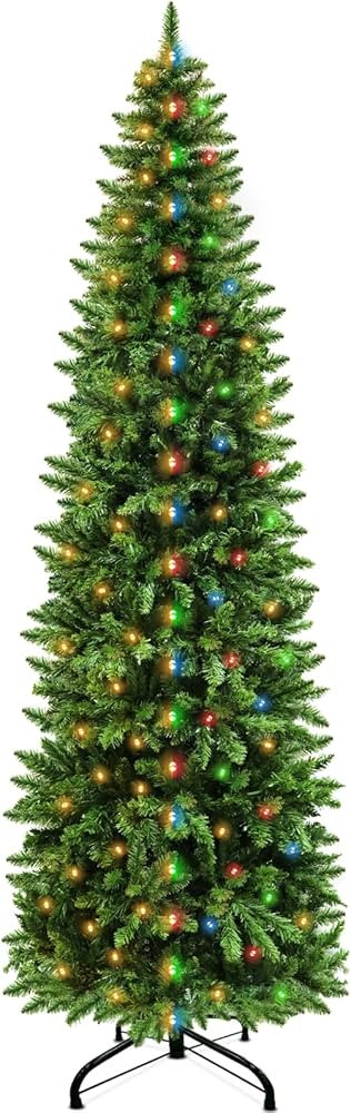 Dual Color Change&Timer 7.5 Ft Prelit Pencil Christmas Tree,300 LED Warm White&Colored Lights 8 Modes, 1150 Thick Branch Tips, Fire-Resistant, UL Plug, Metal Stand, Hinged Xmas Tree Home Holiday Party | Amazon (US)
