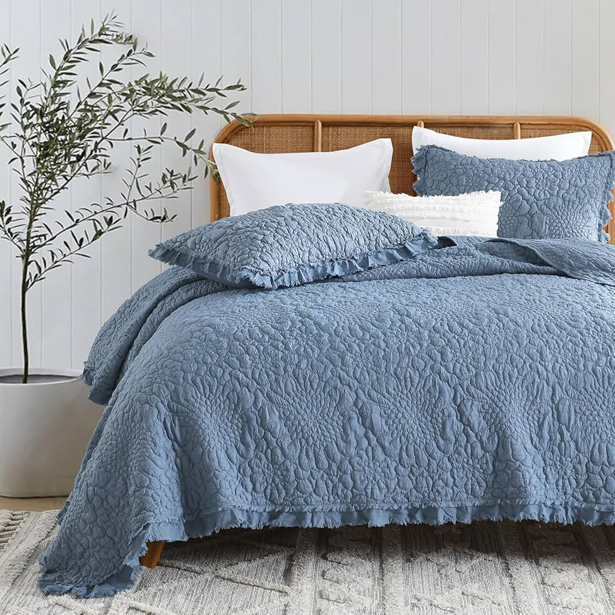 HORIMOTE HOME Blue Ruffled Quilt King Size, Stone-Washed Microfiber Lightweight Crinkled Farmhous... | Amazon (US)
