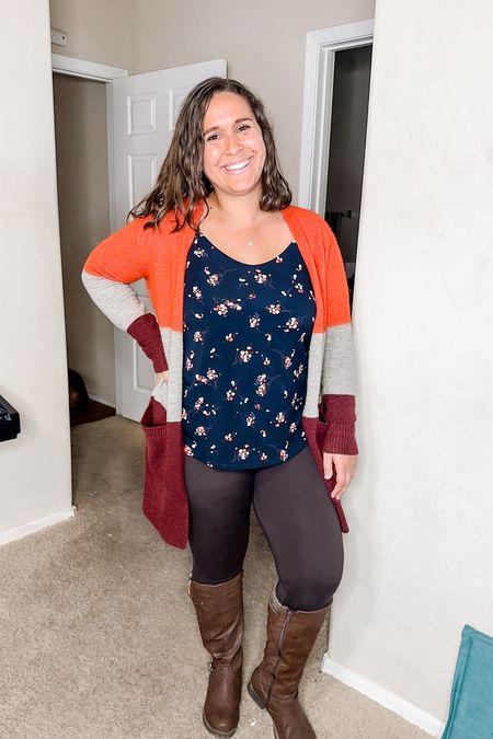 Winter in Arizona outfit, aka fall outfit in the rest of the country haha. Linking up some similar color block cardigans, and similar floral camisoles. Mine are older and out of stock. Super cute options! Also, these boots are so comfortable and a very affordable Amazon find! 

#LTKfindsunder100 #LTKshoecrush #LTKmidsize