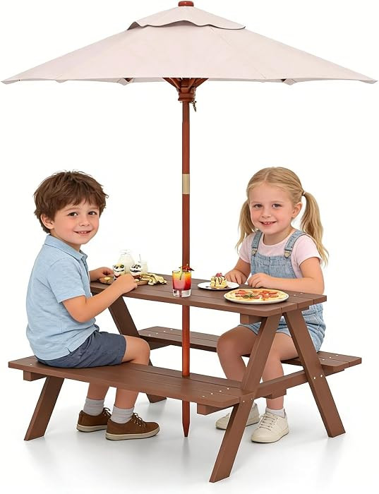 HONEY JOY Kids Picnic Table, Outdoor Wooden Bench Set w/Removable Umbrella, Children Backyard Fur... | Amazon (US)