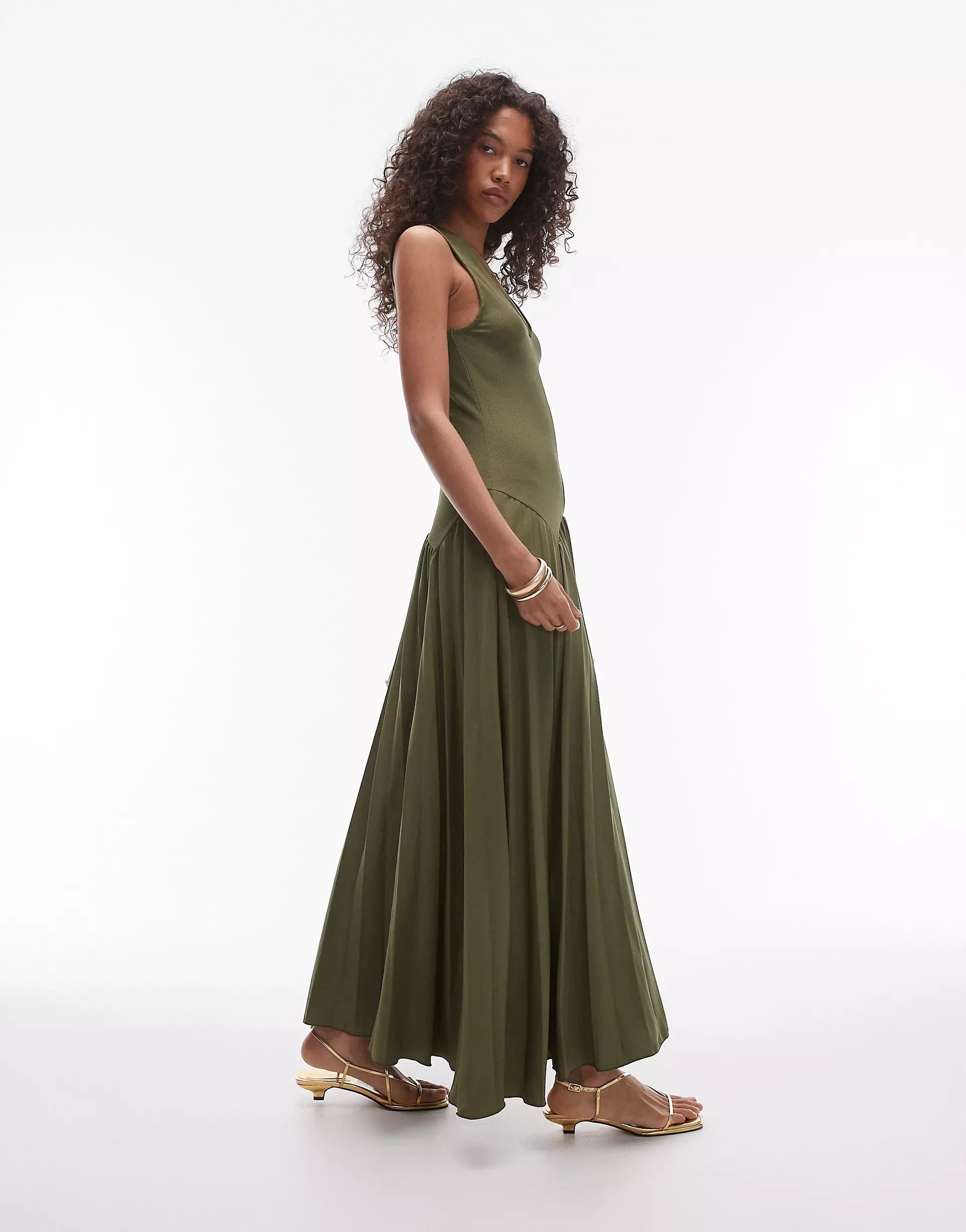 Topshop v neck jersey and pleated midi dress in khaki | ASOS (Global)