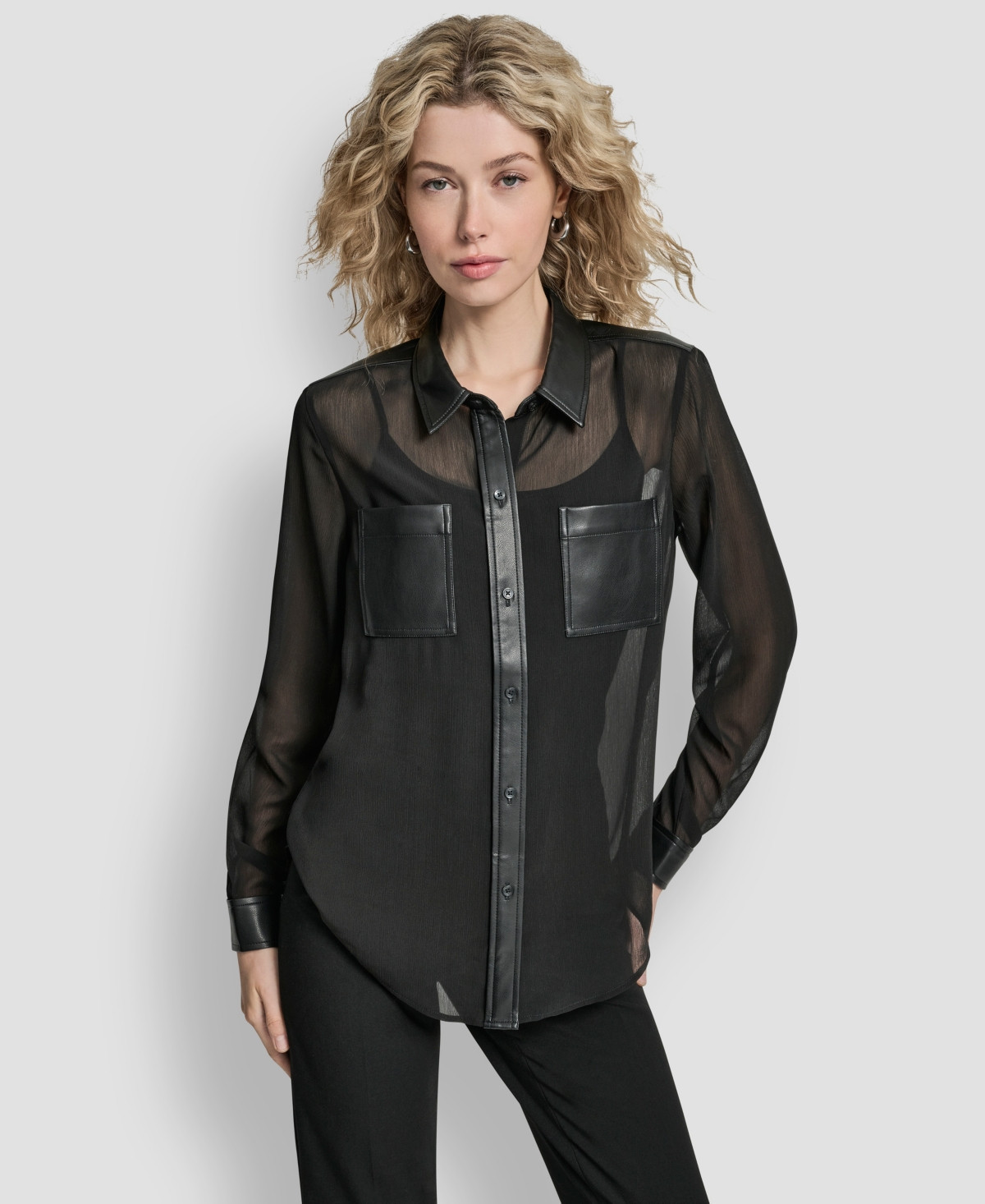 Dkny Women's Long Sleeve Collared Neck Top - Black | Macy's
