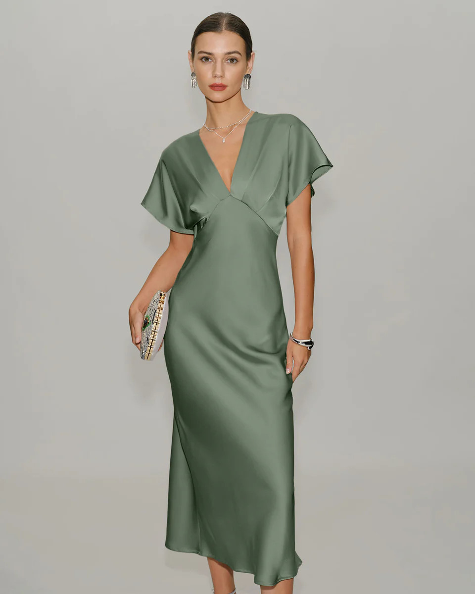 Green Satin V Neck Midi Dress | rihoas.com