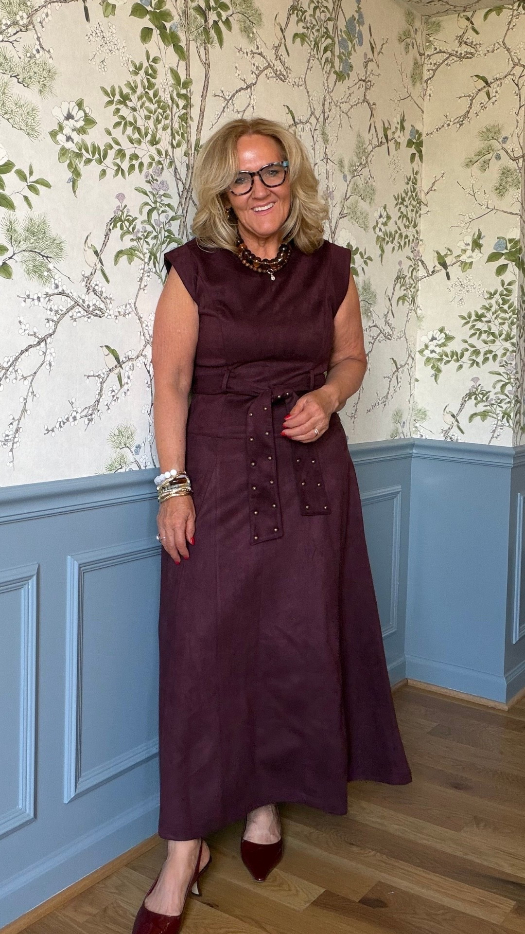 Oh, this faux suede dress is a good one! The rich burgundy and belted waist give it such a lovely shape, and it runs true to size.