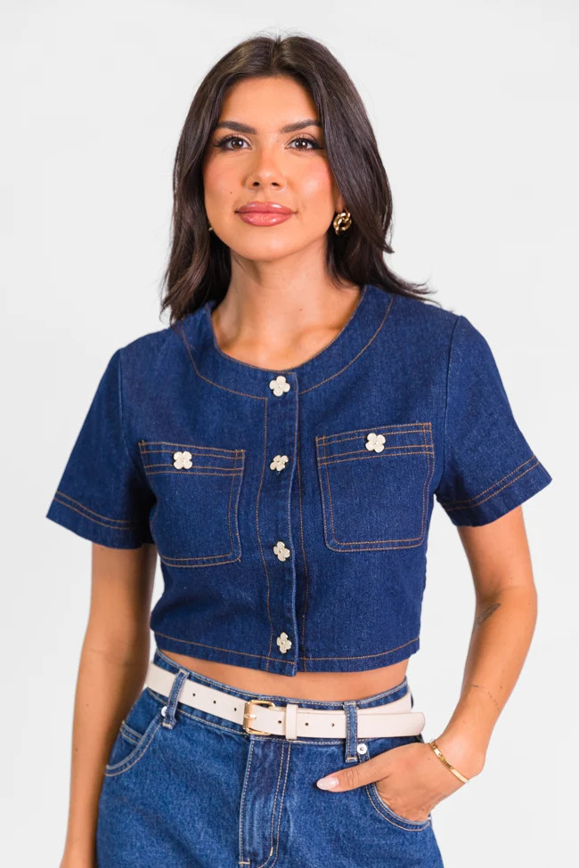 Little Details Dark Wash Denim Button Front Crop Blouse DOORBUSTER | Pink Lily