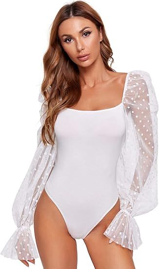 WDIRARA Women's Polka Dots Sheer Dobby Mesh Square Neck Long Sleeve Skinny Bodysuit | Amazon (US)