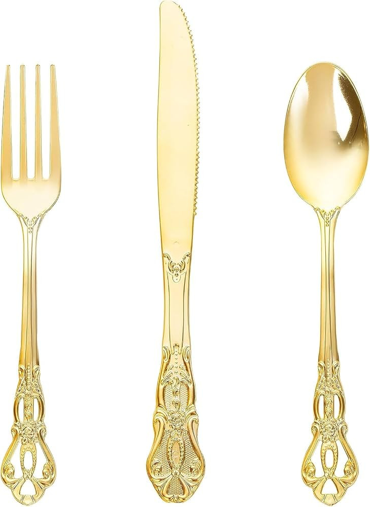 90 Pieces Gold Plastic Silverware - Heavy Duty Gold Disposable Utensils - Fancy Plastic Cutlery S... | Amazon (US)