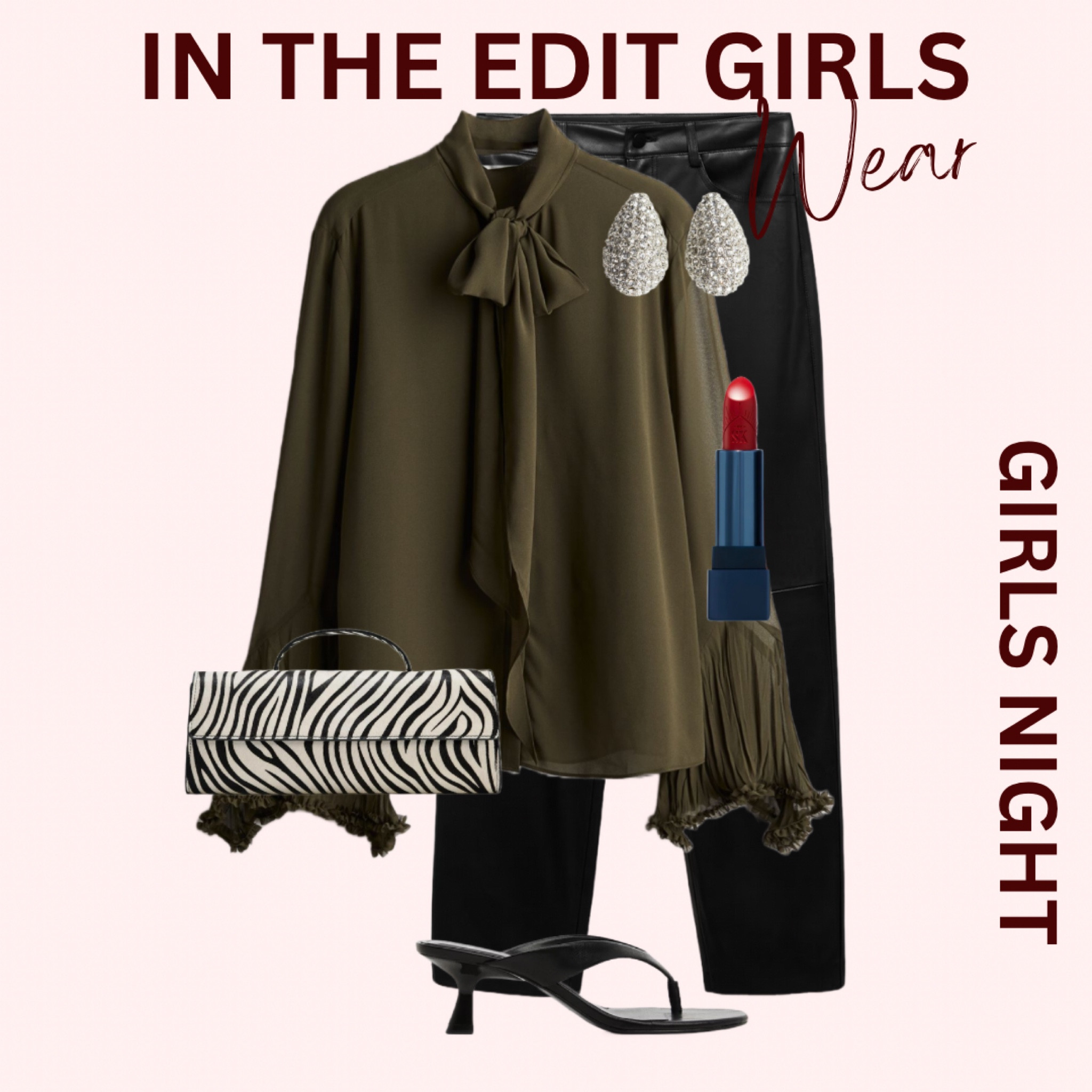 Leather trouser styled for girls night 

Green tie top 
Leather trouser 
Clutch bag Zara 
Kitten heels 
Red lipstick Sara keary 

#LTKautumn #LTKstyletip #LTKeurope