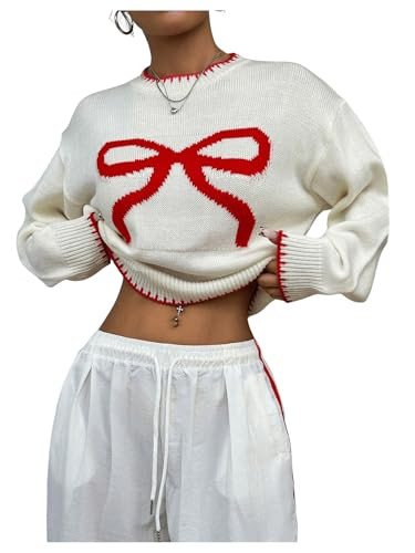 MakeMeChic Women's Bow Print Sweater Crew Neck Long Sleeve Y2K Sweaters Contrast Binding Pullover Top Multicolor Large | Amazon (US)