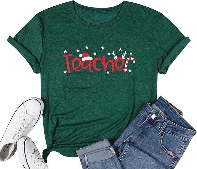 Christmas Teacher Shirt Women Christmas Santas Hat Teacher Gift T-Shirts Short Sleeve Xmas Holida... | Amazon (US)
