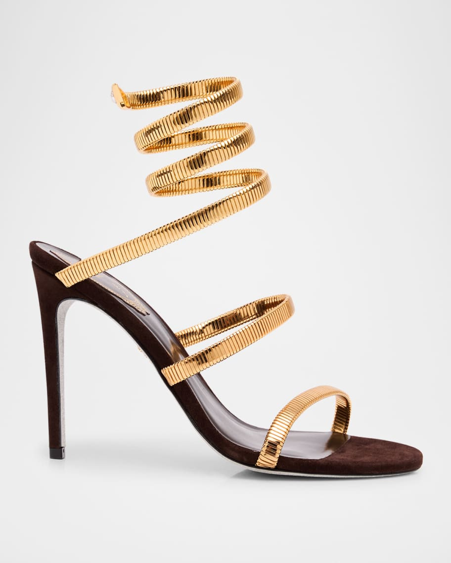 Rene Caovilla Meta Snake Spiral-Wrap Suede Sandals | Neiman Marcus