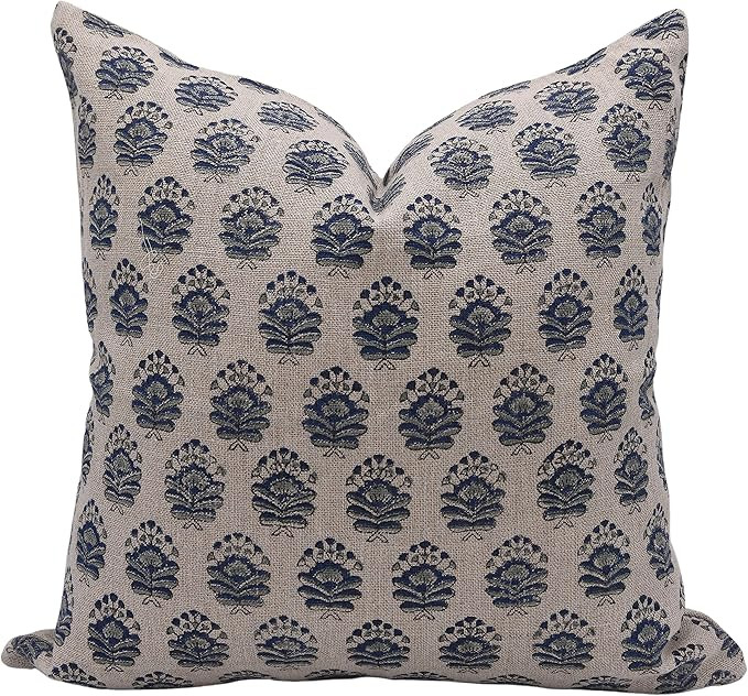 Handmade Thick Linen Throw Pillow Cover with Zipper Floral Print (Navy Blue, 24X24 INCH) | Amazon (US)