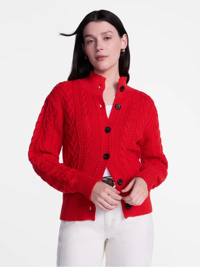 Scenario Woman's Cable Cardigan Sweater with Long Sleeves, Mid-weight, Sizes XS-XXXL | Walmart (US)