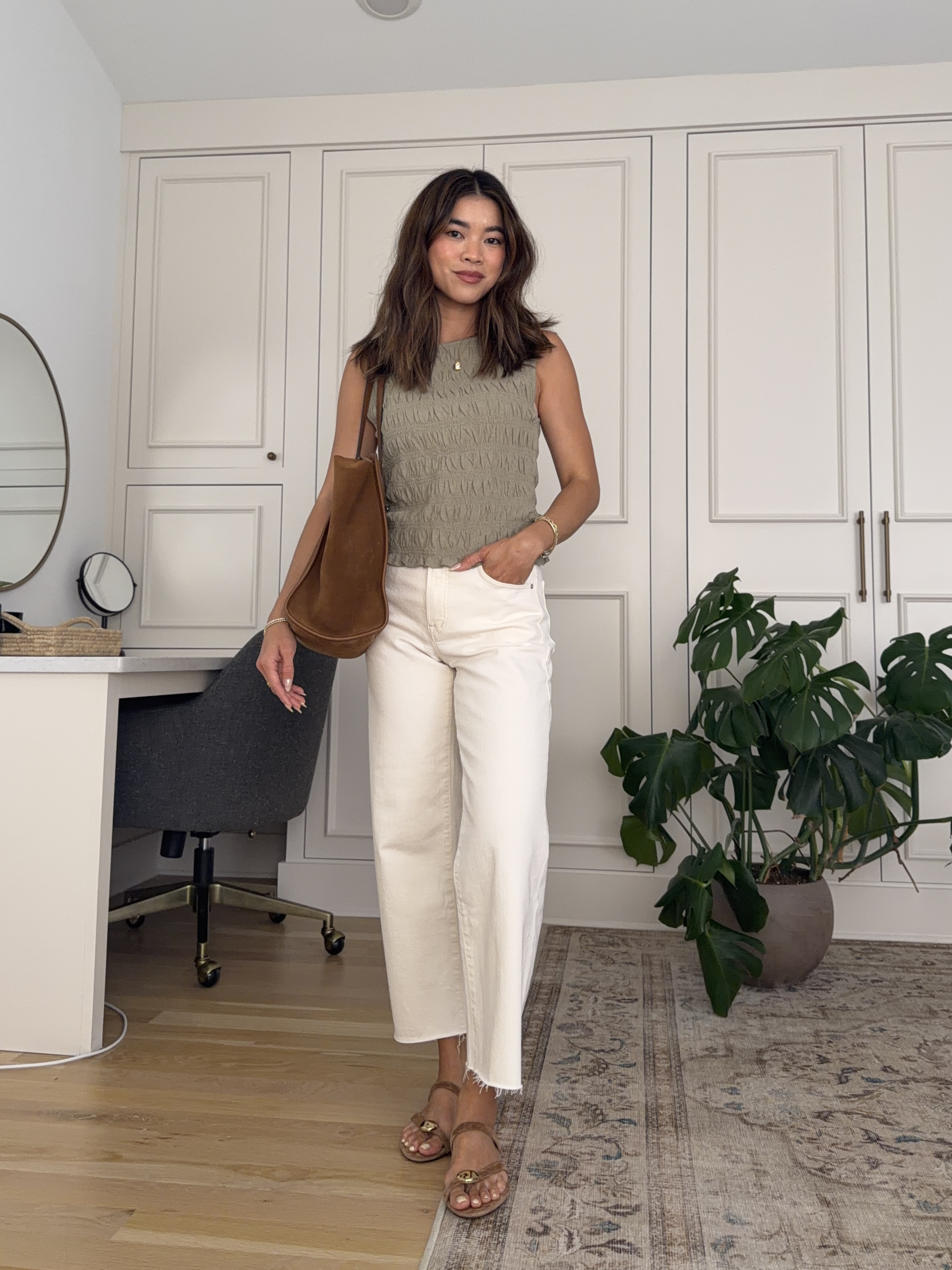 Wearing a full @Madewell outfit. I love matching my bags and shoes!

Sizing info: 
•Madewell Smocked Boatneck Tank (Size XS in Sagebrush)
 •Madewell The Perfect Vintage Wide-Leg Crop Jean (Size 24 Petite in Vintage Canvas)
•Madewell The Mila Organic Hardware Thong Slide Sandal (In Aged Cognac) •Madewell The Lexington Tote (In Aged Cognac)

Petite style, petite fashion, mom outfit, mom style, petite pants, petite outfit ideas, petite outfits, best pants for petite, petite denim, spring style, spring outfits, beach outfits, vacation outfits, wedding guest dress, summer outfit, madewell outfits, madewell jeans, madewell blouse, summer top,

#LTKootd #LTKSeasonal #LTKPetite