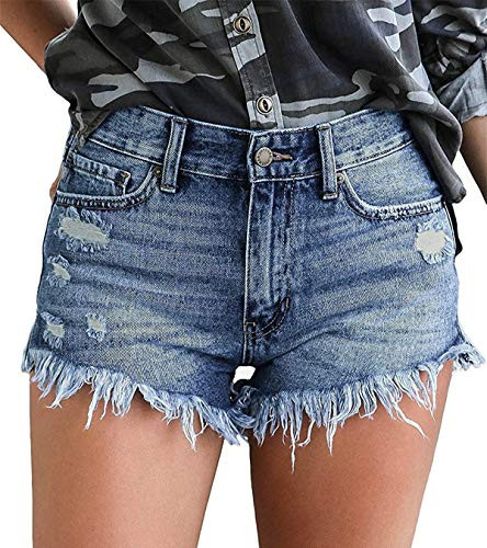 onlypuff Blue Jean Shorts Mid Rise Shorts Ripped Denim Shorts for Women Stretchy Jeans S | Amazon (US)