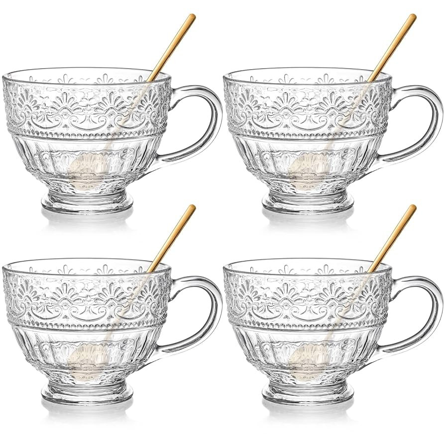 AVLA 4 Pack Glass Coffee Mugs, 16 OZ Clear Tea Cups with Handle and Spoons, Crystal Drinking Glas... | Amazon (US)