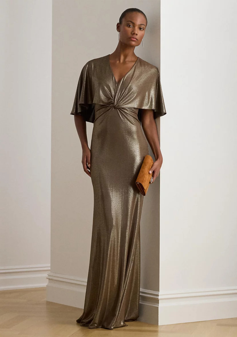 Metallic Jersey Twist-Front Cape Gown | Belk