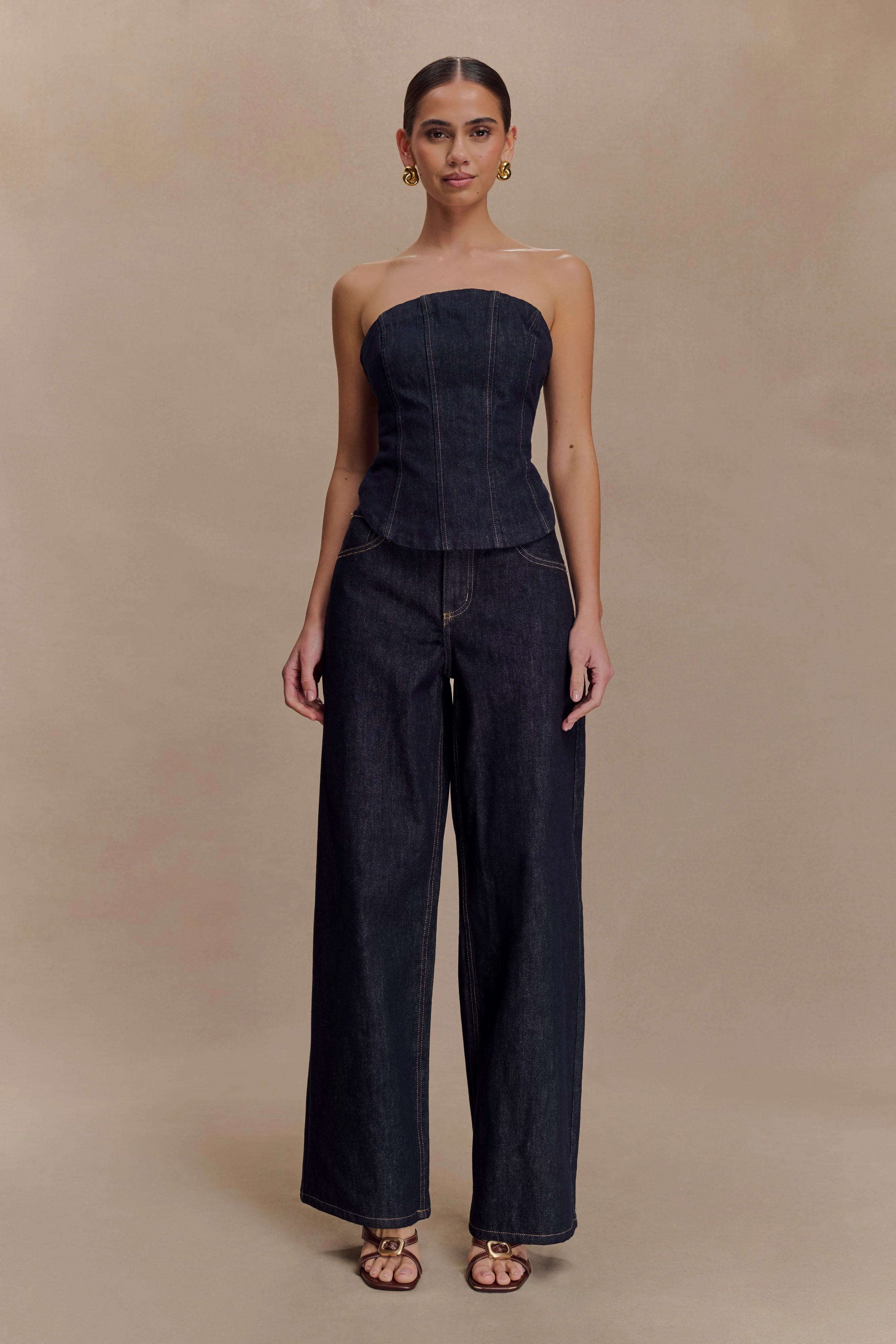 Strapless Denim Corset - Washed Indigo Blue | MESHKI US