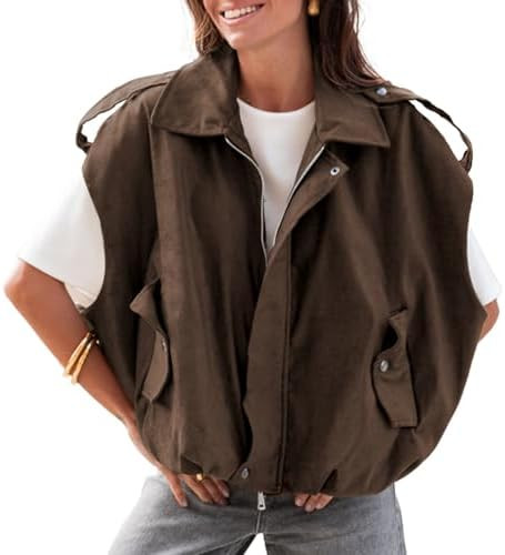 Womens Faux Suede Vest Oversized Cap Sleeve Bomber Jackets Casual Lapel Collar Vest Coats Streetw... | Amazon (US)