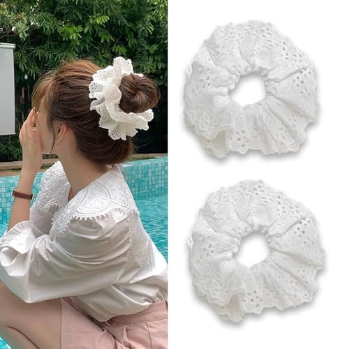 2 Pcs White Hair Scrunchies Large Hair Ties for Women White Lace Embroidery Hair Accessories Double Layer Lace Elastic Hair Bands for Ponytail Braid Hair Thick Thin Hair | Amazon (US)