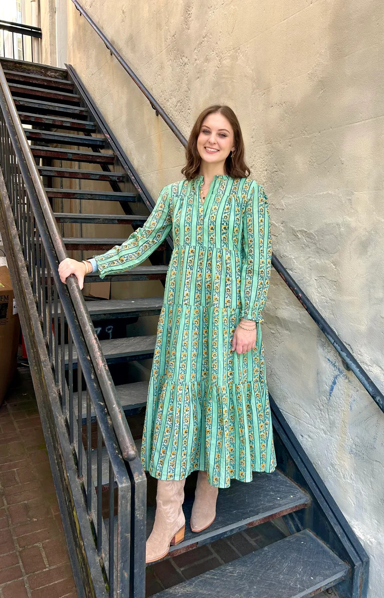 Folly Midi Dress Vintage Green Sunflower Stripe | Madison Mathews