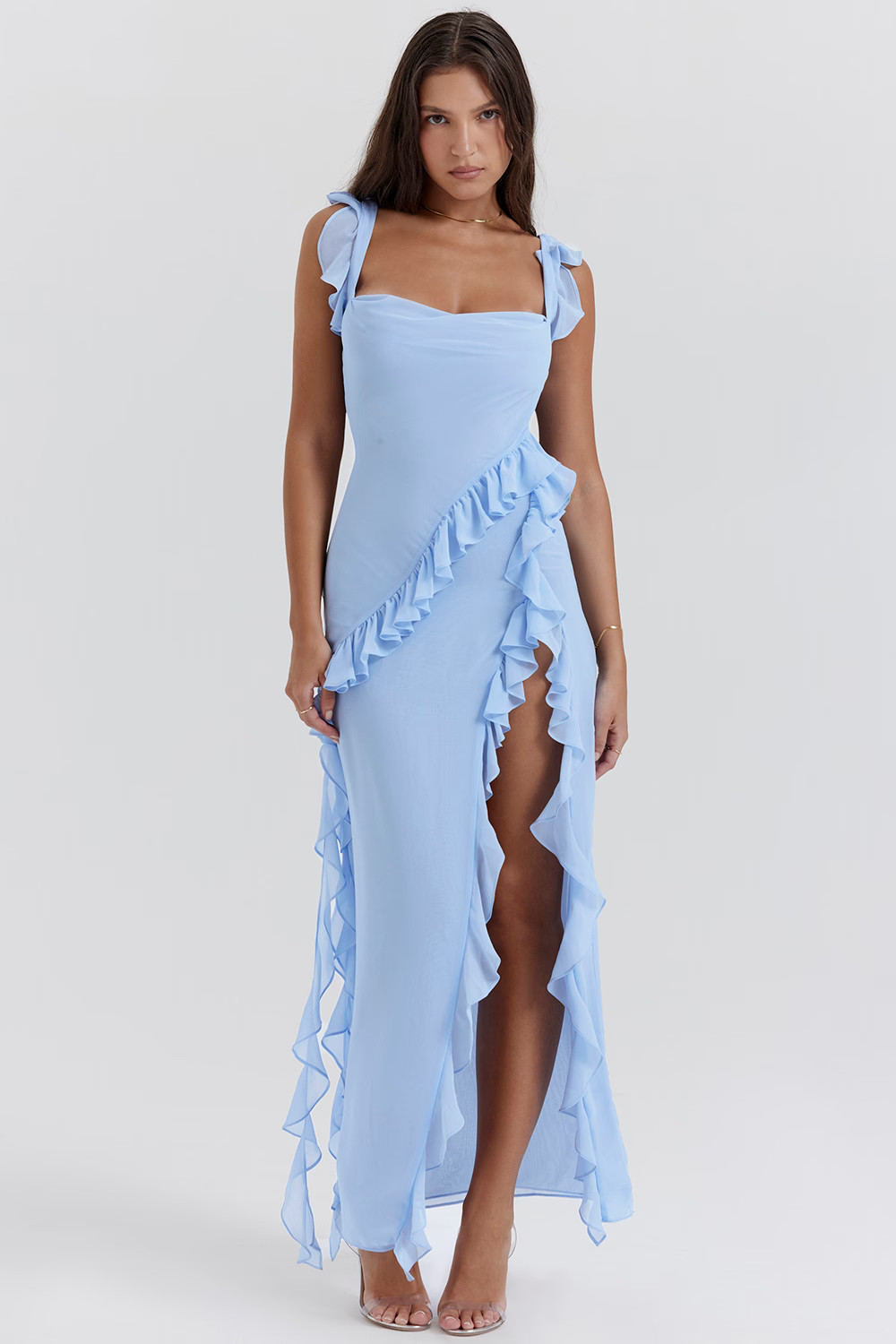 soft blue ruffle maxi dress | House of CB