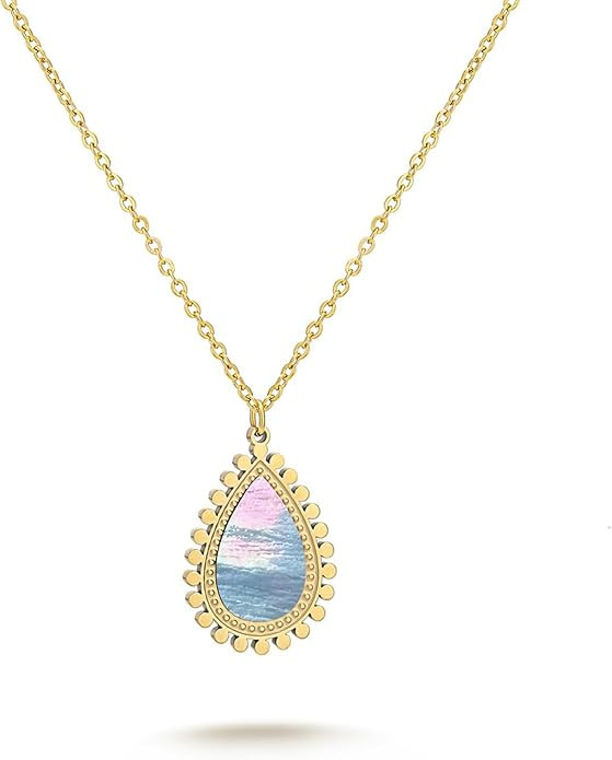 Milan Chiva 14K Gold Plated Mother of Pearl Stacked Necklace Trendy Dainty Link Chain, Cross Pend... | Amazon (US)