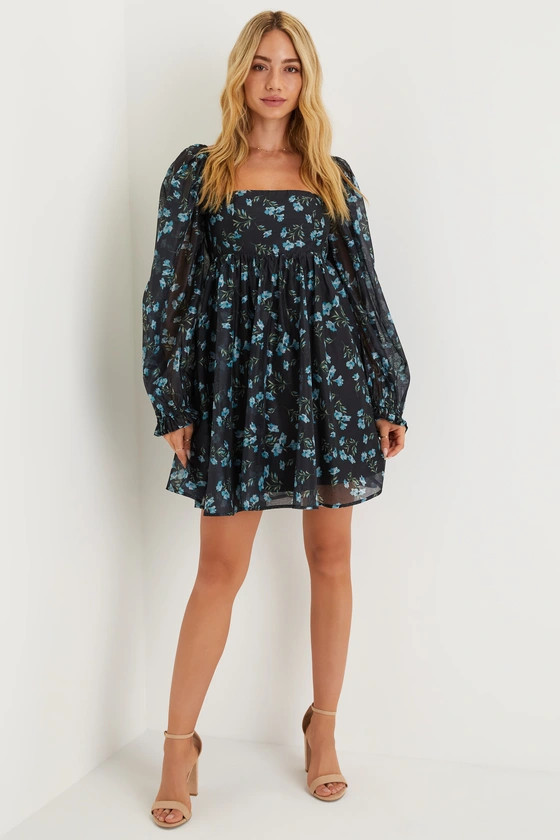 Complete Darling Black Floral Dress Blue Floral Dress With Sleeves Long Sleeve Floral Dress Outfit | Lulus (US)