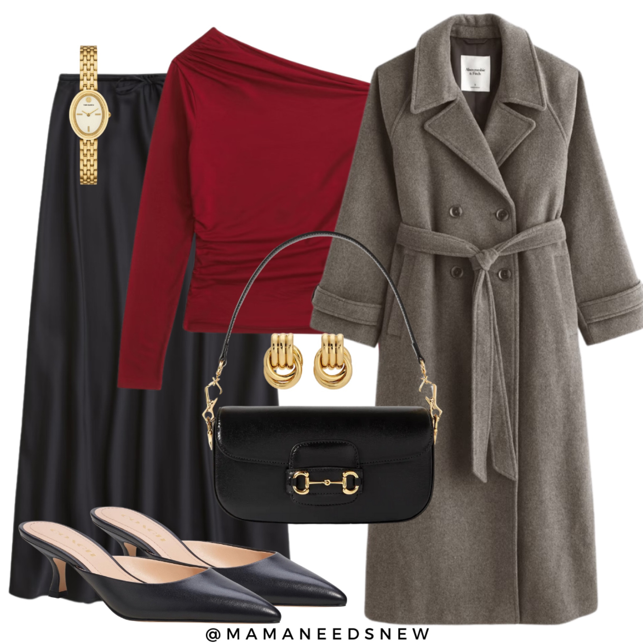 A dressy fall outfit with satin skirt,  draped off shoulder top, long wool coat and heels ♥️

#LTKItBag #LTKSaleAlert #LTKParties