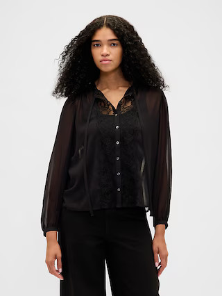 Sheer Recycled Lace Inset Tie-Neck Top | Gap (US)