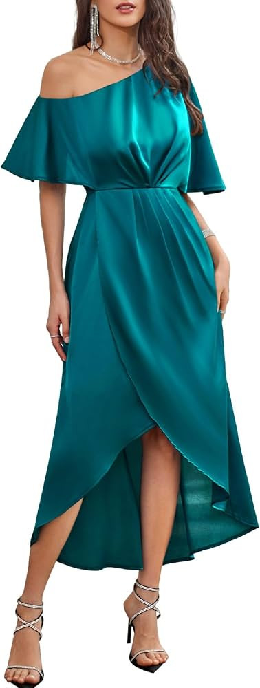 GRACE KARIN Women's 2023 Off One Shoulder Satin Ruched Dresses A Line High Low Formal Wedding Gue... | Amazon (US)