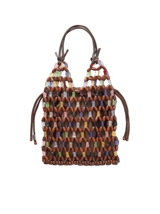 Kelly leather-trimmed beaded wood and glass satin tote | Senser US