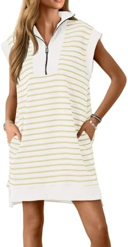 Wenrine Womens Striped Mini Dress Casual Zipper Cap Sleeve Collared V Neck Loose Knit Summer Dres... | Amazon (US)