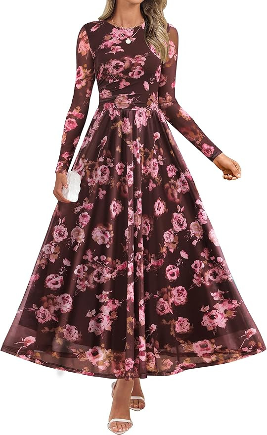 ZESICA Women's Maxi Dress 2025 Fall Long Sleeve Crewneck Floral Print Mesh Ruched Party Wedding G... | Amazon (US)