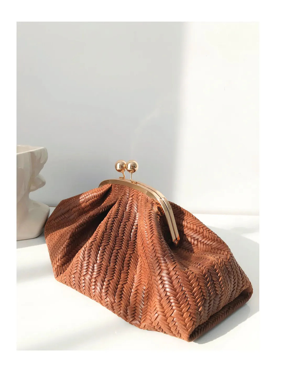 Brown Woven Leather Clutch Bag, Retro Kiss Lock Purse, Vintage Style Handbag for Women | Etsy (US)