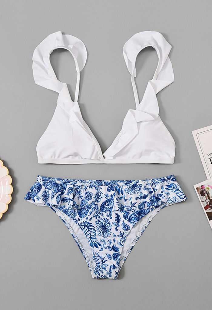 Blue Floral Print Ruffle Trim Bikini Set | Chicwish