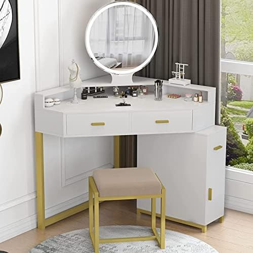 PAKASEPT Corner Vanity Set with Lighted Mirror, Makeup Dressing Table with Drawers, Cabinet and C... | Amazon (US)