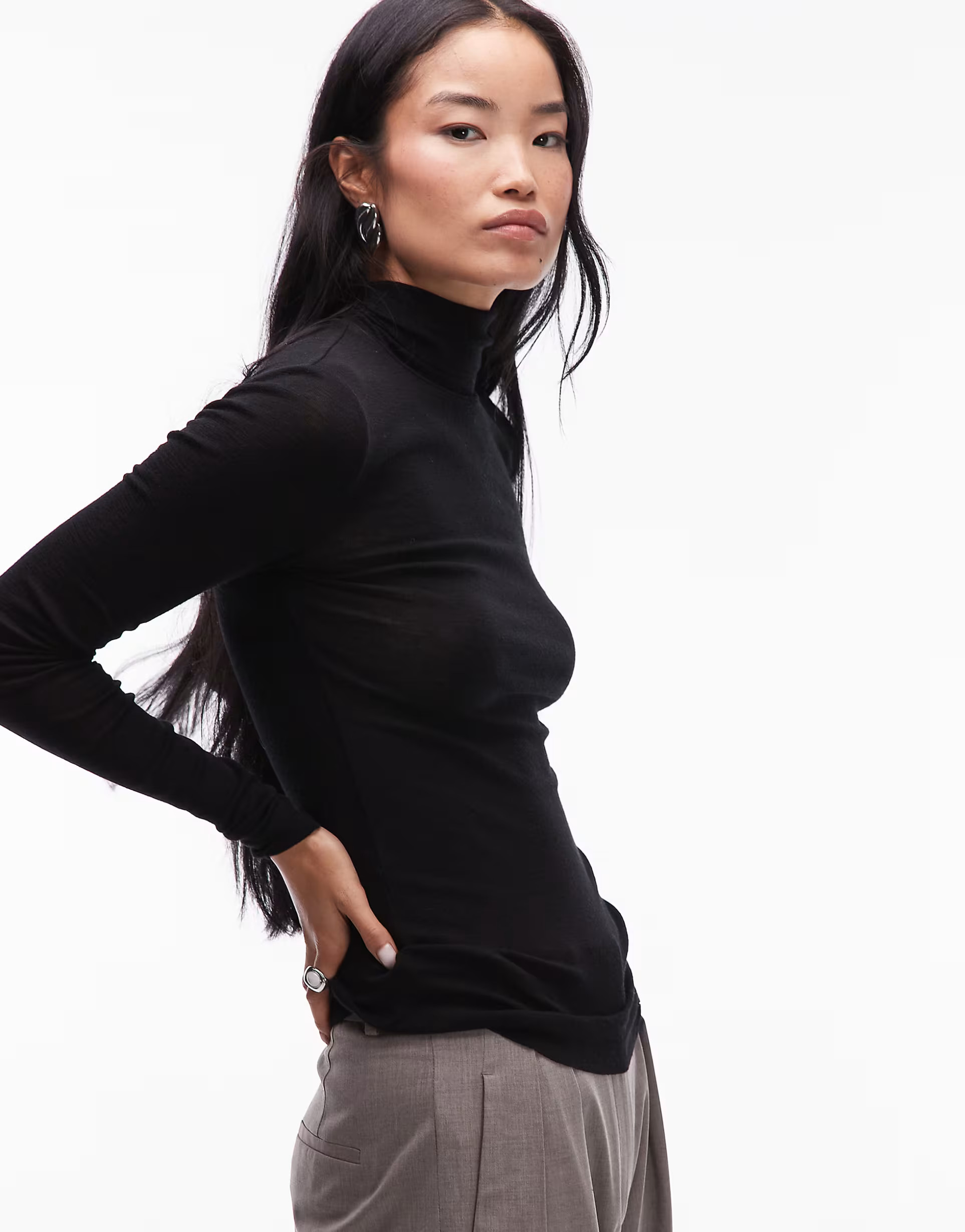 ARKET merino wool knitted semi sheer turtle neck top in black | ASOS (Global)