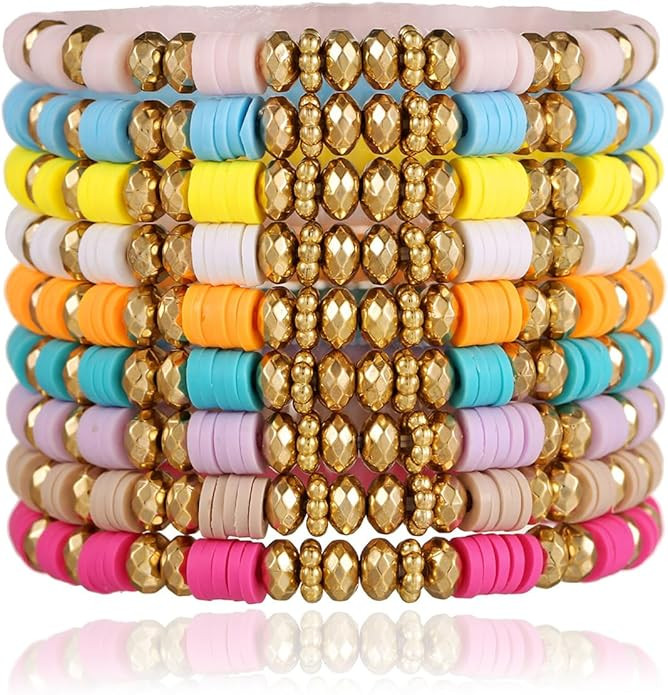 Heishi Bracelets for Women, Stackable Letter Vinyl Disc Clay Beads Stretch Bracelet Elastic Layer... | Amazon (US)