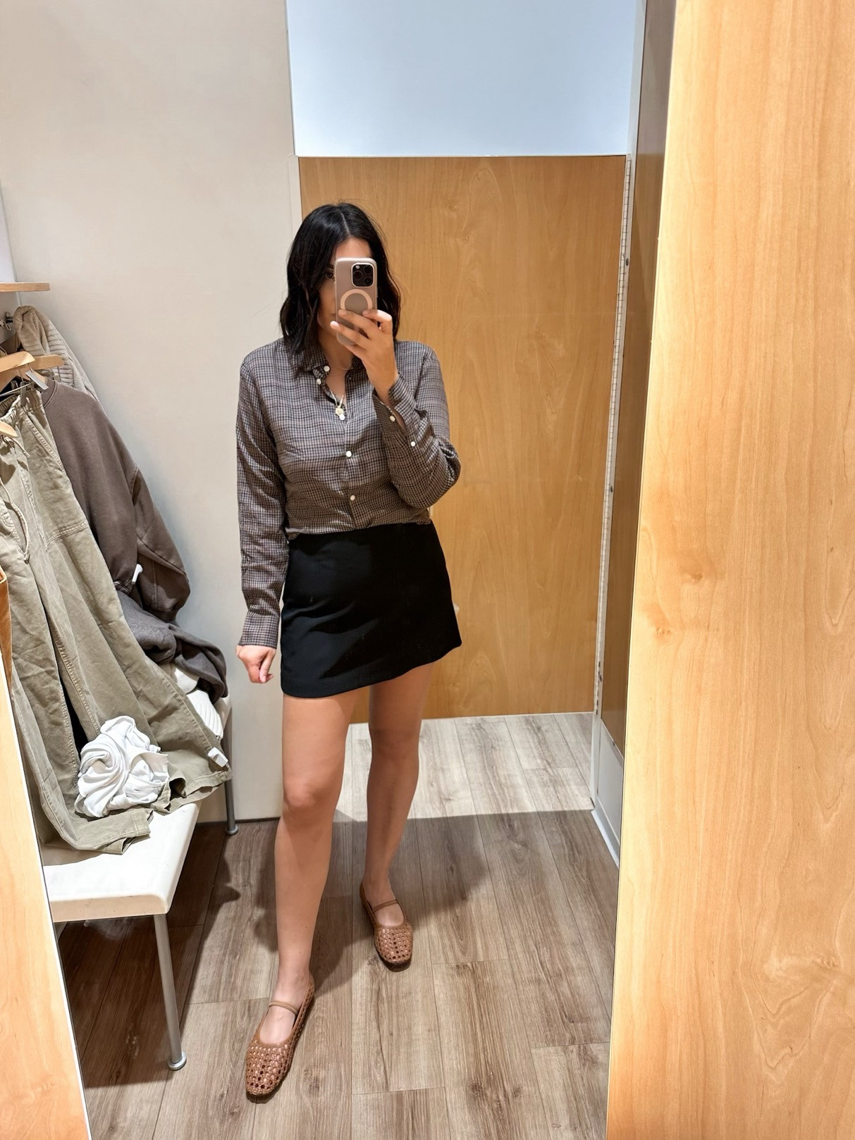 I really liked the color combo on this plaid shirt, but the fit overall wasn’t for me. I am in the large for the boobs and it’s still pulling a bit. But then overall it’s looser everywhere else and a bit long but still cropped. Kind of no man’s land with the length. So it wasn't right for me – I wish it were either cropped all the way or super long and relaxed because I loved the plaid. 

I'm in the large of the skirt for length.  

 