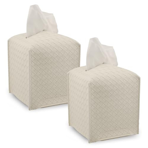 Connsole Casa Premium PU Leather Tissue Box Holder–Modern Cover for Home, Office, Car–Stylish Cube Organizer for Standard Kleenex Tissues – Durable, Easy Refill, Woven Design (Beige 2 Pack) | Amazon (US)