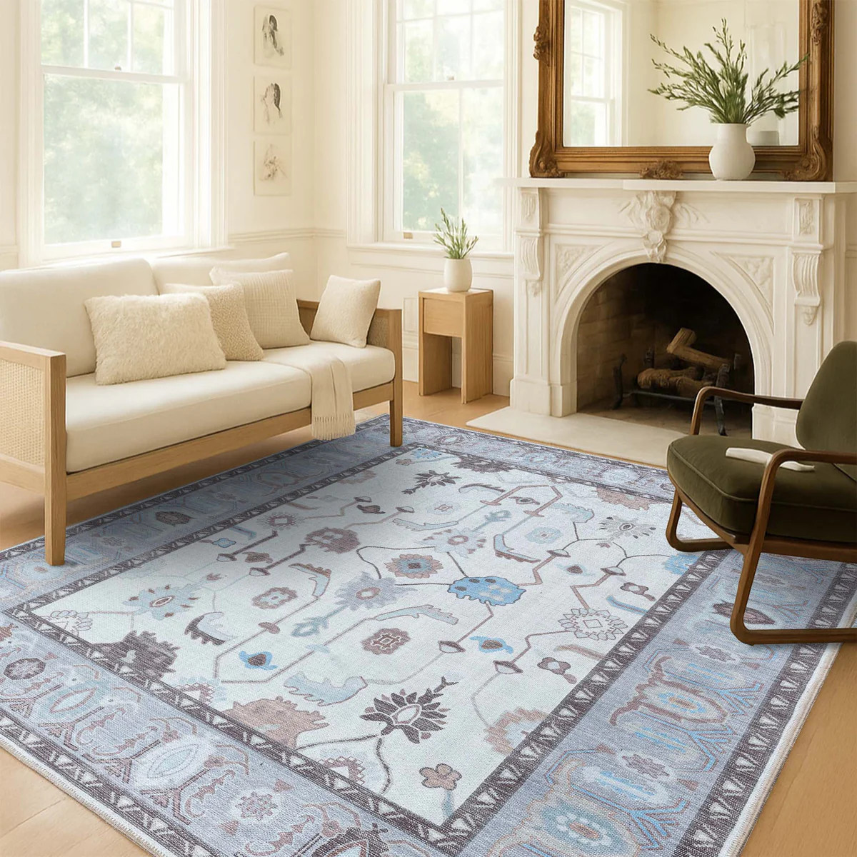 Midha White Gray Brown Modern Oushak Rug - Washable Rugs | Fame Rugs