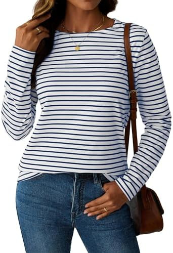 LilyCoco Womens Striped Long Sleeve Shirt Boat Neck Tops Breton Loose Fit Tshirt | Amazon (US)