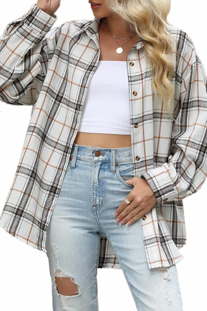 CHYRII Womens Button Down Flannel Shirts Long Sleeve Plaid Shacket Business Casual Blouse Topss P... | Amazon (US)