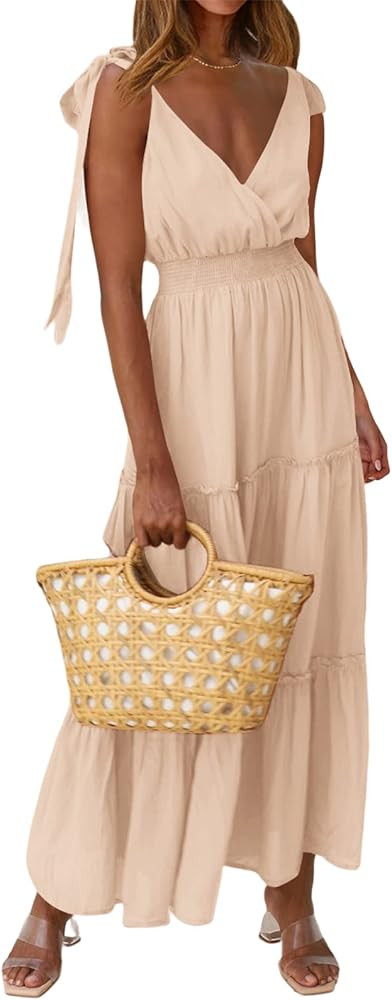 PRETTYGARDEN Women's Cross Neck Summer Sleeveless Tiered Maxi Dress Beach Tie Strap Smocked Long ... | Amazon (US)