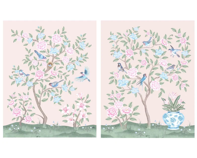 Set of Two Art Prints Chinoiserie Flowers with Birds and Butterflies // Nursery Decor // Girls Ro... | Etsy (US)