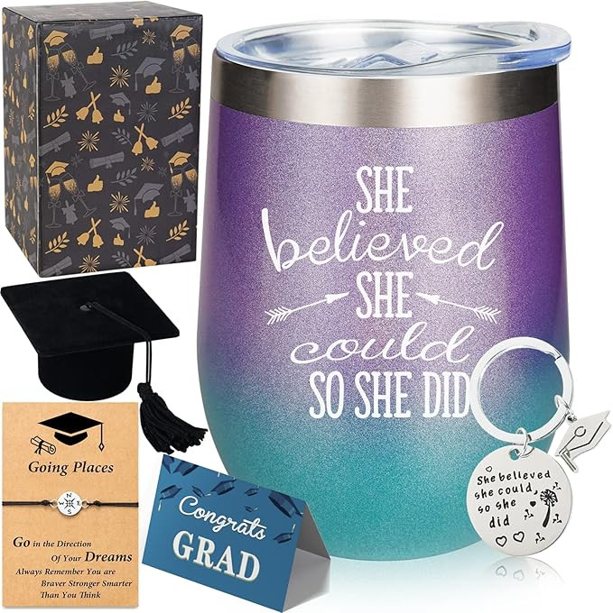 She Believed She Could So She Did, 12 oz Stainless Steel Stemless Wine Tumbler with Keychain, Con... | Amazon (US)